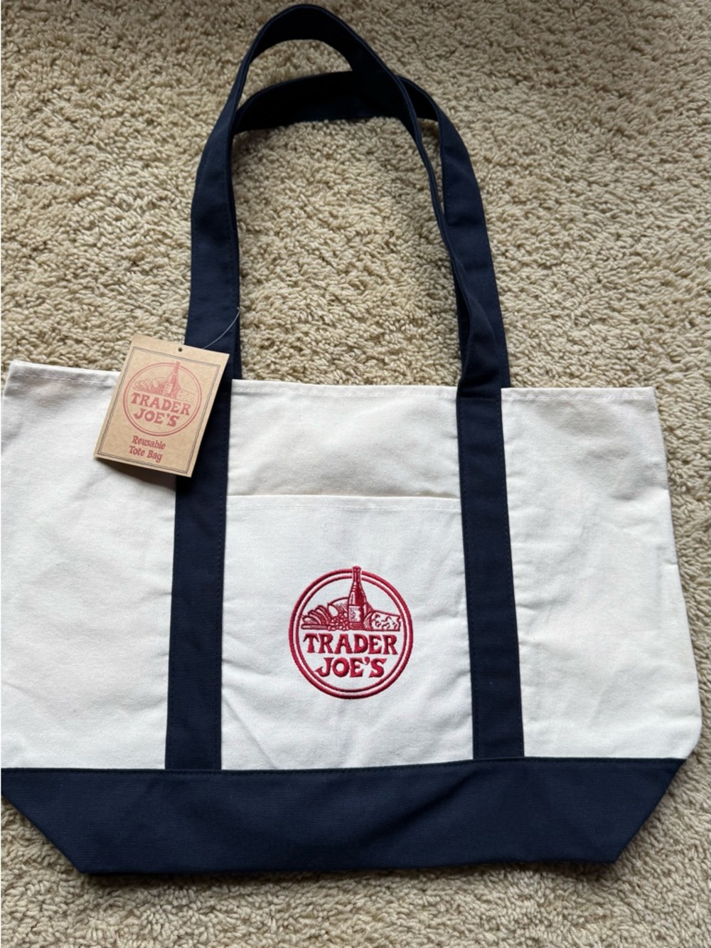 Trader Joe's Cream and Navy Reusable Canvas Tote Bag Large!